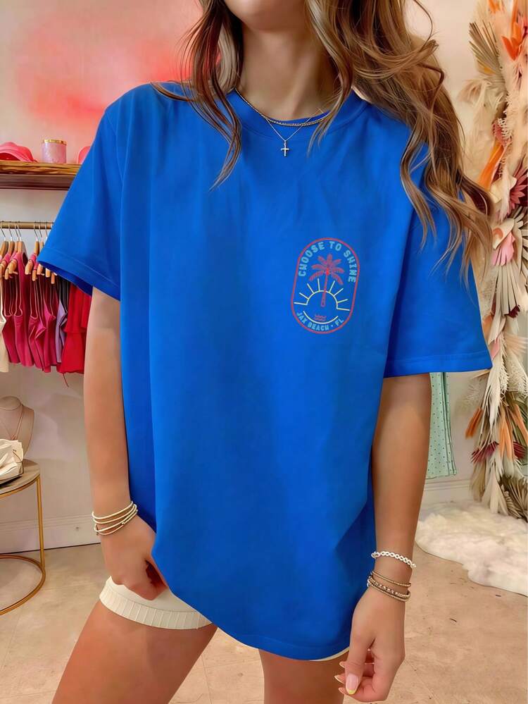 Womens Y2k Coconut Tree Oversized Shirts Tops Coconut Tree/Letter Print Short Sleeve Round Neck Loose Fit Tee Shirt Summer Vintage Aesthetic Baggy Tees Tops Preppy Coastal Teen Girl Clothes Streetwear-White And Navy Off--Shoulder Cropped Unisex TopCasual Daily Wear - 藍色 - 查看 7