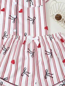Bộ đồ ngủ nữ tay ngắn và quần short họa tiết sọc nơ và trái tim, chất liệu crepe phồng, in hình. - Đỏ - Xem 6