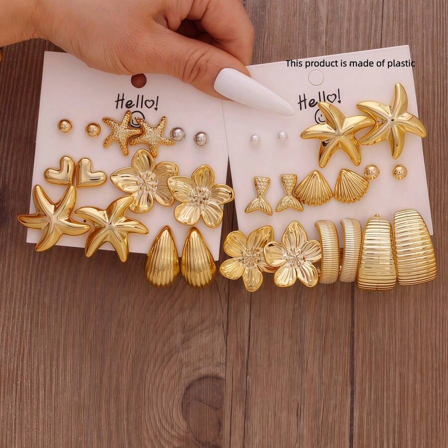 7-8 Pairs Of Fashionable And High-Quality Women's Earring Set, Featuring Petal, Fish Tail, Fan-Shaped Starfish Elements, With Versatile Temperament. Your Beauty Is Eye-Catching And Suitable For Daily Life, Holidays, Gatherings, As Well As High-Quality Gifts For Friends And Family - Style 1 - View 1