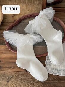 1 Pair Women's Mid-Calf Socks, Spring/Summer Lace Trim Lolita Style Breathable Mid-Calf Socks - Multicolor - View 16