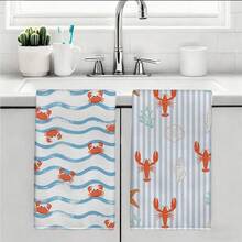 2 piezas Toallas de cocina con estilo oceánico con patrones de cangrejo, ola, camarón y concha, súper suaves de microfibra, perfectas como regalo de inauguración de casa y reunión familiar, trapos de limpieza de cocina, decoración del hogar para días festivos - Gris Claro - Ver 11