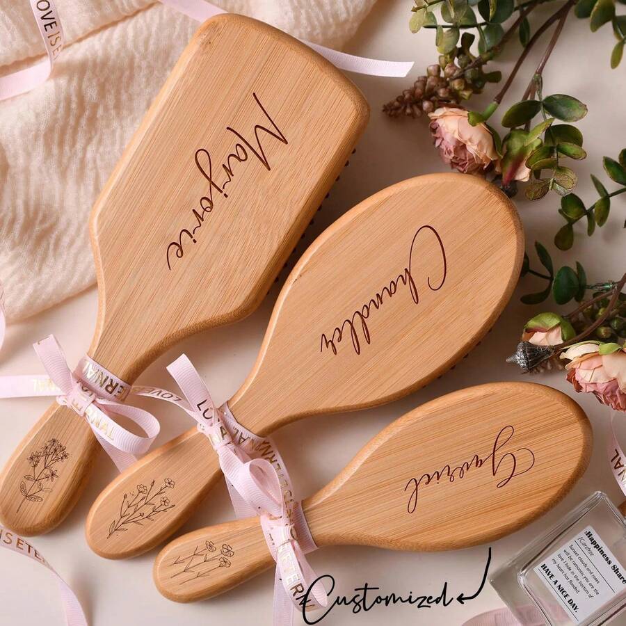 Personalisierter Bambuskamm, individueller Brautjungfern Haarkamm, Geschenk für Brautjungfern, ideales Geschenk für Brautparty, Geschenk für Mutter, Holzkamm mit eingraviertem Namen - Aprikosenfarben - Übersicht 1