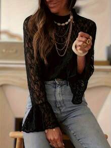 Women's Sexy Sheer Solid Color Bell Sleeve Lace Top Spring Black - Black - View 8