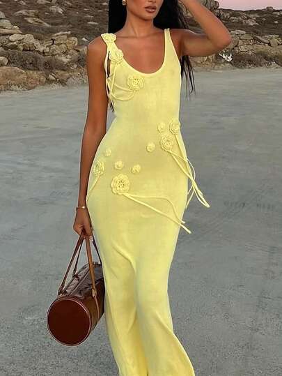 Women's Fashion Sexy Solid Color 3D Floral Backless Sleeveless U-Neck Beach Holiday Casual Single Party Dress