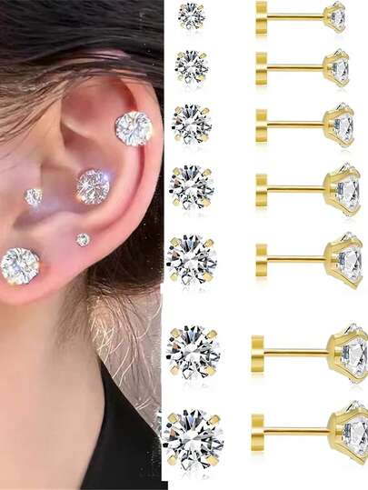 8颗圆形立方氧化锆CZ耳钉套装，低过敏性不锈钢耳软骨穿孔耳环，银色/金色可选，适合日常、派对、度假佩戴，珠宝配饰礼品