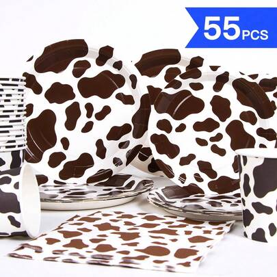Brown Cow Print Disposable Plates, Napkins, Cups - 10 Guest Party Supplies Set, Suitable For Birthday, Wedding, Theme Party, Family Picnic