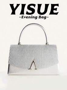 Women's Evening Bag, Glittering Fabric Fashion Clutch, Large Capacity Handbag, Luxury V-Shape Metal Decor, Suitable For Wedding, Party, Gathering, Evening Event, Birthday Gift, Valentine's Day Gift - Silver - View 2