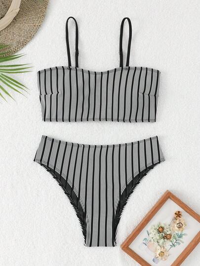 Women's Striped High-Waisted Swimwear Set, With Moderate Elasticity, Suitable For Casual Beach Wear Vacation Black Summer