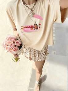 Women's Summer New Casual Beach Sunbathing Dachshund Print Loose Versatile Crew Neck Beige Short Sleeve T-Shirt, Fashionable For Daily Wear Print Y2K Crew Neck T Shirt For Women, Holiday, Vacation, Spring, Festival.Spring Clothes,100% Cotton - 杏色 - 查看 5