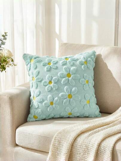 1 chiếc vỏ gối trang trí họa tiết hoa cúc, chất liệu vải nhung mềm mại, hình vuông, họa tiết hoa cúc 3D dễ thương, thoải mái, phù hợp cho phòng khách, ghế sofa và phòng ngủ, sử dụng hàng ngày quanh năm - Màu xanh dương