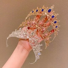 优雅公主皇冠发夹，闪耀粉色水钻和多面宝石设计，金色、紫色、蓝色皇冠，合金头饰，适合生日、派对、四季佩戴，生日发饰，精致婚礼发饰，皇冠，头饰 - A - 查看 5