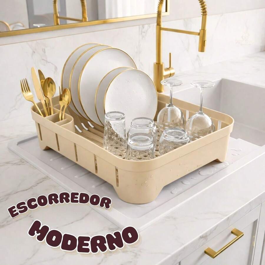 Compact Plastic Dish Drainer, Organizer For Plates, Glasses, And Cutlery - 米色 - 查看 1