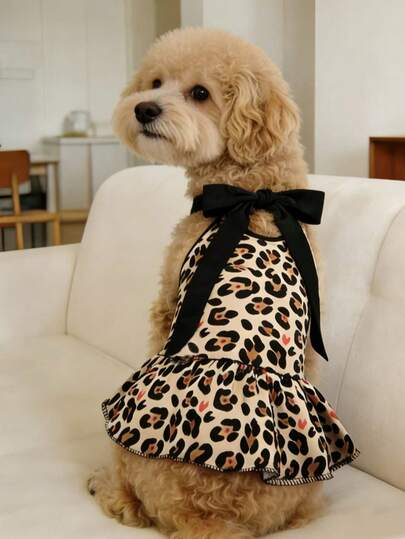 Summer Ice Silk Leopard Print Halter Pet Dress With Bow For Small Dogs Like Chihuahua Yorkie And Medium Dogs Like Bichon Teddy Corgi And Schnauzer Etc .