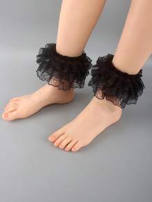 1 Paar Damen Schwarze Spitzen Blumen Trim Elastische Beinwärmer, geeignet für Partys, Hochzeiten, Lolita Stil Knöchelbündchen - Schwarz - Übersicht 6