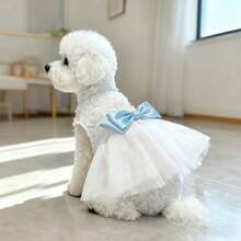 Robe de fête en maille 3D rose avec nœud blanc décoratif, robe de princesse assortie pour chats et petits/moyens chiens - Bleu ciel - Voir 3