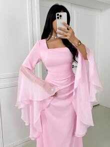 女士粉色方领喇叭袖褶皱优雅连衣裙，奢华卡夫坦长袍/阿巴雅长袍，婚礼派对礼服，婚礼宾客服装，夏季度假服装 - 粉色 - 查看 3