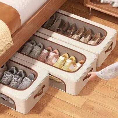 1个带盖可折叠收纳盒，大容量床底收纳盒，多功能抽屉式鞋柜，衣物收纳盒，鞋子收纳盒，可折叠收纳盒，衣柜整理盒，适合存放鞋子、牛仔裤等，两侧带提手，防尘防潮，充分利用床底空间。节省空间，也可作为橱柜顶部收纳盒使用，适合季节性物品存放。这是一款节省空间的收纳盒，是居家必备良品。