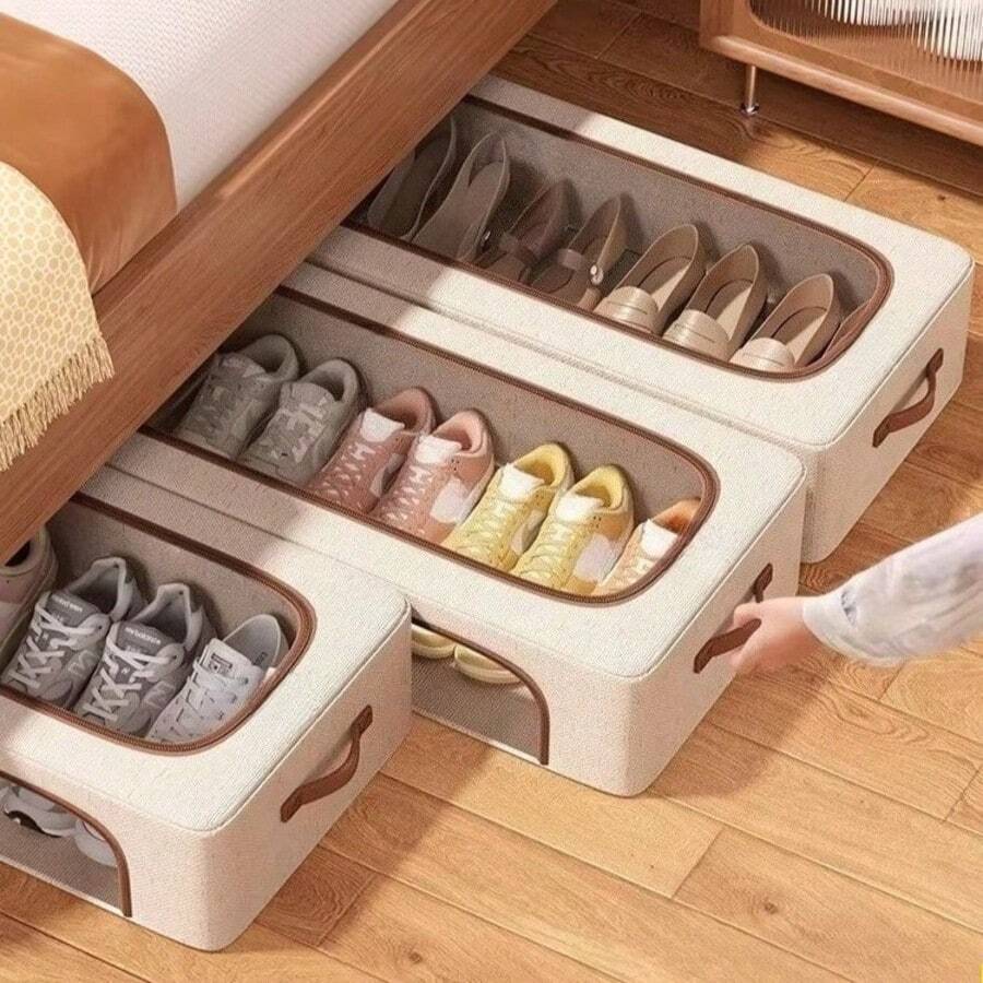1pc Foldable Storage Box With Lid, Large Capacity Under-Bed Storage Box, Multi-Function Drawer-Style Shoe Cabinet, Clothes Storage Box, Shoe Storage Box, Foldable Storage Box, Wardrobe Organizer Box, Suitable For Storing Shoes, Jeans, With Handles On Both Sides, Dust-Proof And Moisture-Proof, Fully Utilize Underbed Space. Space-Saving, Can Also Be Used As A Storage Box On Top Of Cabinets, Suitable For Seasonal Storage. This Is A Space-Saving Storage Box, An Essential Item.