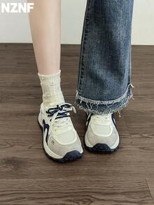 NZNF 2025新款白色厚底运动鞋，复古低帮厚底鞋，女士休闲百搭鞋款 - 藍色 - 查看 2