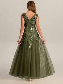 Women's Elegant Formal Dress, Luxury Short Sleeve Olive Green Formal Evening Gown, Black Bow V-Neck Flare Hem Party Dress, Suitable For Wedding Guest, Mother Of The Bride Or Evening Events Spring - Olive Green - View 5