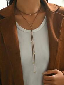 1pc Minimalist Vintage Black Cord With Metal Ball Multilayer Y-Necklace, Suitable For Daily Wear, Party, And Vacation - Brown Rope - View 6