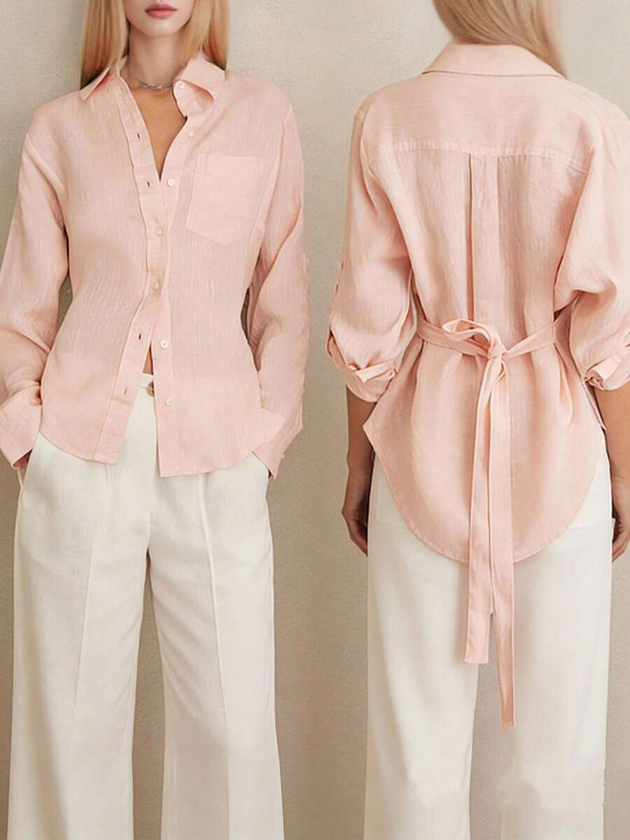 Áo sơ mi nữ thanh lịch in họa tiết lá cây, cài cúc - Chất liệu polyester, có thể giặt máy, không xuyên thấu - Thích hợp cho mùa xuân, hè và thu. - Nhiều màu - Xem 1