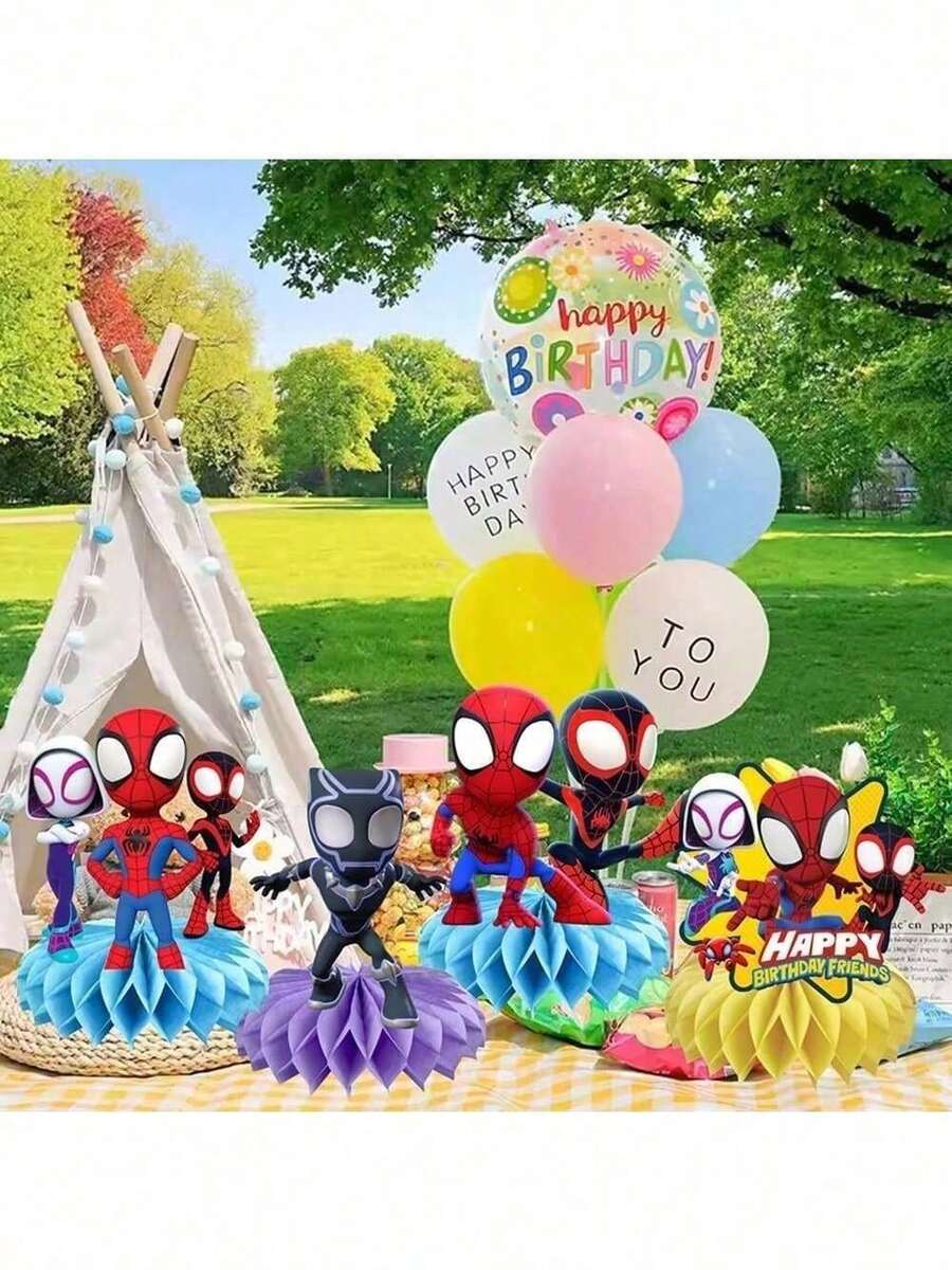 7/8pcs Marvel Spider-Man Honeycomb Decoration Set, Suitable For Birthday Party Decoration, Desktop Decor, With Honeycomb Base | Super Hero Themed Party Supplies, Great Gift For Marvel Fans (Base Randomly Included) - Multicolor - View 1
