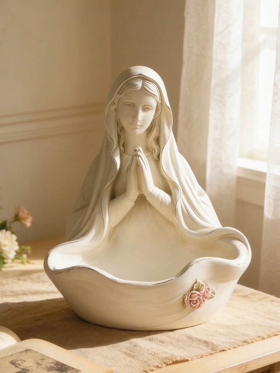 树脂圣母玛利亚装饰碗 - 一款优雅的天主教纪念品收纳盒，可用于存放念珠、珠宝和小饰品。非常适合摆放在家庭祭坛、温馨的卧室梳妆台或宁静的祈祷角落。这款精心制作的白色心形雕塑，为您的客厅、玄关或个人冥想空间增添神圣的氛围。 - 彩色 - 查看 1