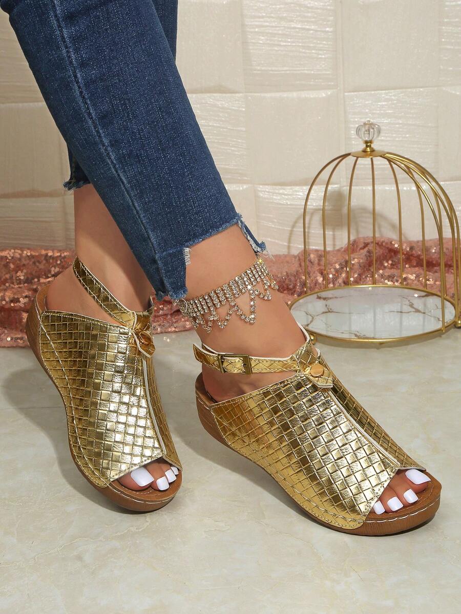 新款春夏时尚学生户外平底凉鞋，厚底缝线女鞋（鞋带可拆卸调节），旅行必备 - 金色 - 查看 1