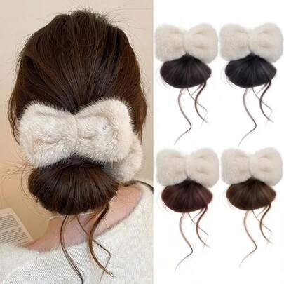 Fluffy Bow Bun Claw Clip Wig, Puff Scrunchie Bun Maker, Hair Accessories