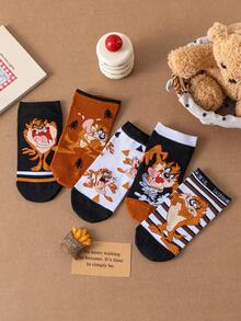 Noctvar OBM Sleepwear X LOONEY TUNES 5双装卡通怪兽嘴巴图案男士休闲船袜，可爱怪兽设计，时尚兔子图案，透气吸湿，适合学生/成人，可作礼物和日常穿着，男女通用 - 彩色 - 查看 7