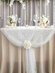 1pc Faux Pearl Decor Transparent Fabric, Can Be Used As Photography Backdrop, Table Runner, Pearl Background Tablecloth, Wedding Arch Decor, Reception, Bridal Party, Party Decoration, Restaurant, Hotel Decor - White - View 2