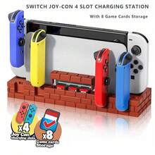 TOPWOLF Estación de carga de 4 ranuras para Joy-Con Switch con almacenamiento de 8 tarjetas de juego, negro/marrón/blanco - Ver 1