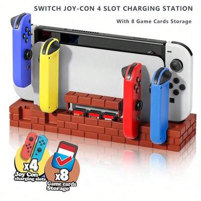  TOPWOLF Estación de carga de 4 ranuras para Joy-Con Switch con almacenamiento de 8 tarjetas de juego, negro/marrón/blanco
