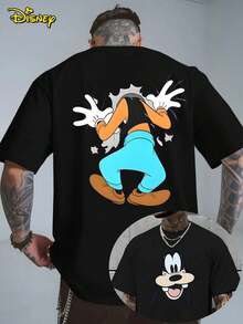 Disney Official Licensed Vintage Wash Goofy Funny Back Print 220g Cotton Crew Neck Tee - Black - View 1