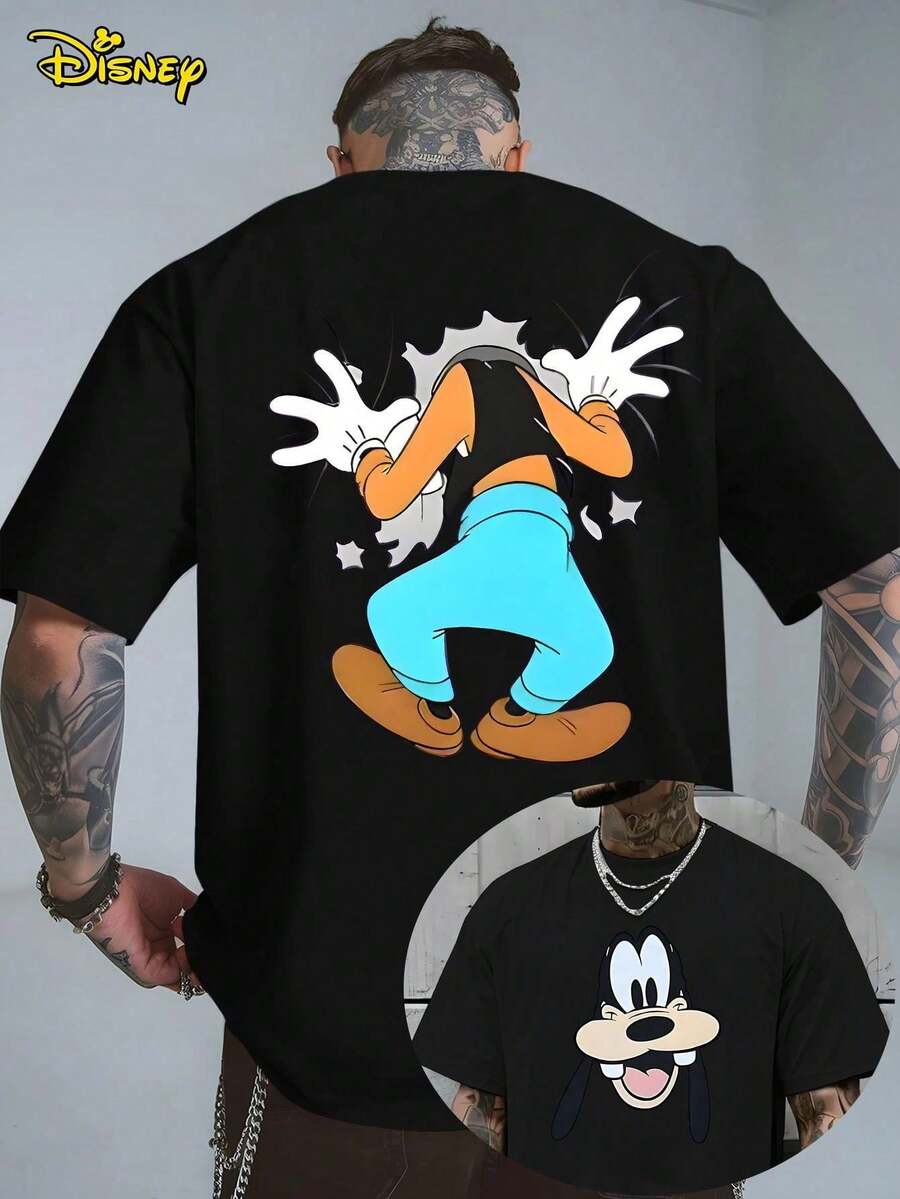 Disney Official Licensed Vintage Wash Goofy Funny Back Print 220g Cotton Crew Neck Tee - Black - View 1