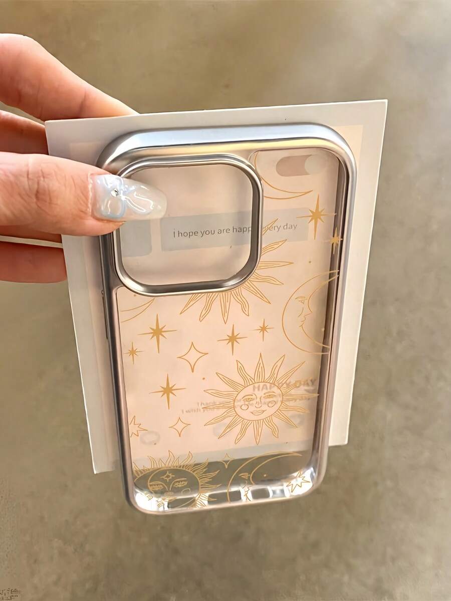 1 pieza Funda de teléfono con lente transparente y línea dorada con diseño de sol y luna, estilo minimalista y chapado, compatible con iPhone 16 Pro Max, 17/16/15/14 Plus, 13/12/11, Air, Series - Multicolor - Ver 1