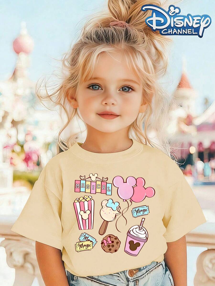 Disney Mickey Mouse Balloon Popcorn Ice Cream Cookie Drink Magic Printing, Disney Official Authorization, High-Quality Children's T-Shirts, Perfect Gifts, Fashion Casual Wear, Girl Shirts, Girl Gifts. - 杏色 - 查看 1