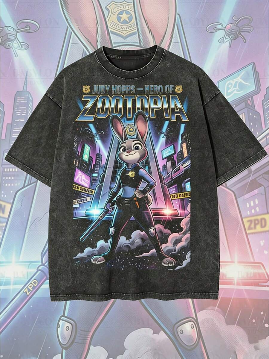 Camiseta unisex de cuello redondo de algodón de 230 g con estampado retro de Judy Hopps, la  de Zootopia, con licencia oficial de Disney. - Negro - Ver 1