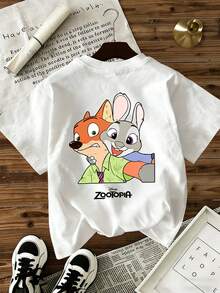 Disney Shining Boy (Double-Sided Print): Judy Nick From Zootopia, With Element Cartoon Print, A Casual And Simple Short Sleeved T-Shirt Suitable For Spring And Summer Seasons, Suitable For Boys And Girls To Wear. - 白色 - 查看 3