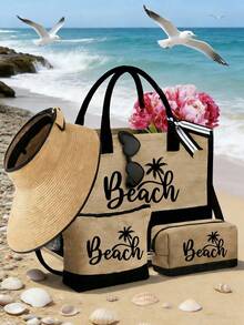 Conjunto de bolsa de praia feminina com tema praiano, estampada com a palavra "Beach" (Praia) e um padrão de palmeiras. Bolsa grande com óculos de sol pretos estilosos, chapéu de praia e duas nécessaires. Sacola de compras reutilizável e leve com mini porta-moedas. Bolsa multifuncional ideal para passeios de fim de semana. - Multicolorido - Ver 14