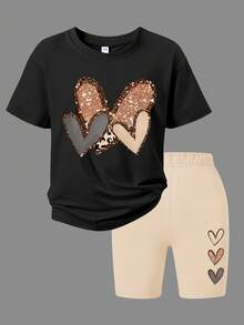 2pcs Girls Loose Fit Short Sleeve Set, Leopard Heart Decor, Elastic Shorts, Fashionable & Fun Spring/Summer Outfit - Black - View 2