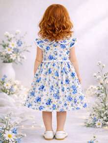 Girl's Dress With Delicate Floral Print, Classic Peter Pan Collar, Ruffles, Short Sleeves, Elegant Pom-Poms, Full Skirt, Comfortable Soft Cotton, Premium Fabric, Party, Birthday, Christening, Special Events, Charming Look, Children's Fashion, Princess Style, Casual Chic, Spring/Summer, Girls' Clothes, Comfort, Sweet, Blogger Look, Photography, Outing, Perfect Gift, Charming, Stylish, Floral Print - 藍色 - 查看 5