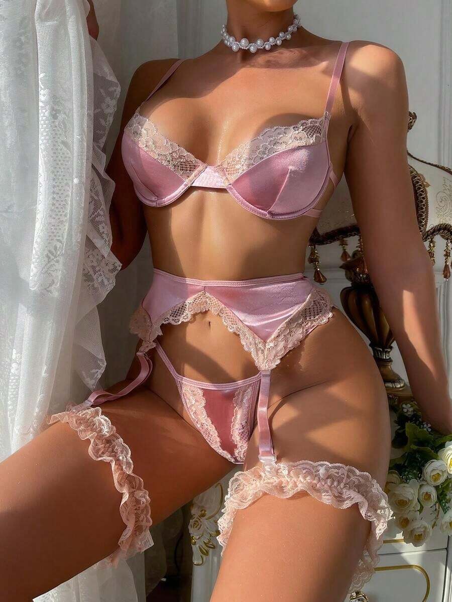 Weiweihu Women's Sexy Underwear Rose Red Suit Net Coat With Leg Ring 4-Piece Set Ladies Satin Stitching Lace Sexy Underwear 4-Piece Set With Steel Ring Lencería Sexy De Mujer Lingerie>Costume Lingerie Set>Set Christmas Lingerie Christmas Gifts Pijamas Navideñas Familia Pajamas Sets For Women Winter Clothes For Women Disfraz De Halloween De Mujer Christmas Pajamas Thanksgpajamas Sets For Women Pijamas Navideñas Christmas Pajamas Thanksgiving Outfit Women - 藕粉 - 查看 1