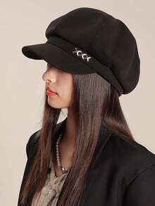 1pc Black Fabric Newsboy Cap, Irish Hat, Driver Cap With Metal Chain Decor, Fashionable Streetwear Hat For Women, Suitable For Spring, Autumn And Winter Daily Wear,Summer,Beach,Holiday,Travel - Style 1 - View 8
