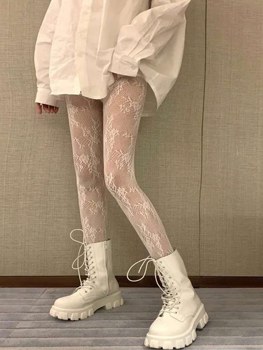 1pc Women Black/White Floral Vine Net Pants - White - View 1