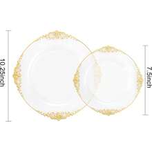 50/25/12件套透明金色餐具套装(可重复使用),锤纹边派对餐盘,金边,可重复使用,适用于宴会和开胃菜 - 非常适合派对、婚礼、生日和餐饮活动(圣诞节/情人节/母亲节),婚礼用品,活动餐具,时尚餐盘,优雅餐具,轻便耐用,适合家庭聚会和餐饮服务。 - 無色 - 查看 3