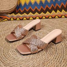 Retro Square Toe Woven Criss-Cross Sandals, Women's Summer Outdoor One-Strap Slides, Mid-Heel, Fashion Shoes - Champagne - View 2