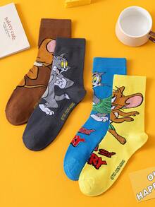 OBM Sleepwear X TOM & JERRY 4双猫鼠卡通图案男士中筒袜，可爱趣味设计，透气吸湿，适合学生/成人穿着，男女皆宜的夏季休闲袜，情侣礼物 - 彩色 - 查看 7