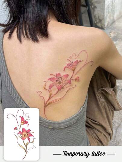 1 Piece Of Valentine's Day Temporary Tattoo Sticker, Y2K Style Lily Flower Pattern, Waterproof, Sweatproof, Washable, Non-Reflective, Simulated Tattoo On Arm And Shoulder, Suitable For Fashionable People, Lasting 3-5 Days